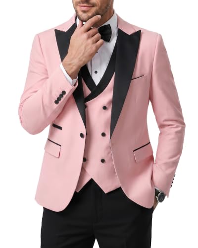 Men's 3 Piece Slim Fit Wedding Tuxedo Set, Peak Lapel One Button Suit Jacket, Double Breasted Vest Pants with Bow Tie, Light Pink