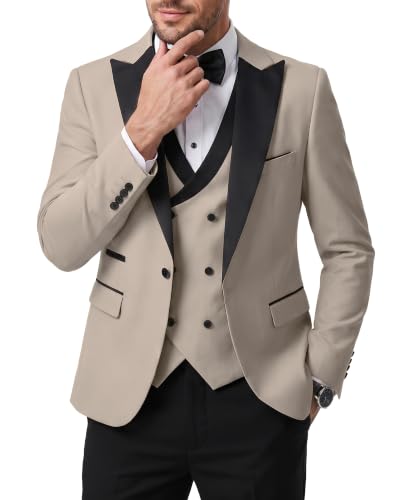 Men's 3 Piece Slim Fit Wedding Tuxedo Set, Peak Lapel One Button Suit Jacket, Double Breasted Vest Pants with Bow Tie, Beige