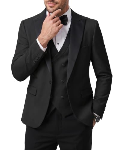 Men's 3 Piece Slim Fit Wedding Tuxedo Set, Peak Lapel One Button Suit Jacket, Double Breasted Vest Pants with Bow Tie, Black