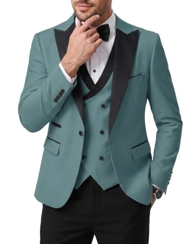 Men's 3 Piece Slim Fit Wedding Tuxedo Set, Peak Lapel One Button Suit Jacket, Double Breasted Vest Pants with Bow Tie, Green