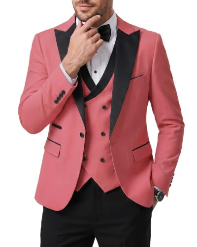 Men's 3 Piece Slim Fit Wedding Tuxedo Set, Peak Lapel One Button Suit Jacket, Double Breasted Vest Pants with Bow Tie, Pink