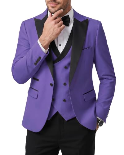 Men's 3 Piece Slim Fit Wedding Tuxedo Set, Peak Lapel One Button Suit Jacket, Double Breasted Vest Pants with Bow Tie, Purple
