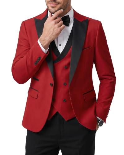 Men's 3 Piece Slim Fit Wedding Tuxedo Set, Peak Lapel One Button Suit Jacket, Double Breasted Vest Pants with Bow Tie, Red