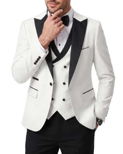 Men's 3 Piece Slim Fit Wedding Tuxedo Set, Peak Lapel One Button Suit Jacket, Double Breasted Vest Pants with Bow Tie, White