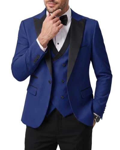 Men's 3 Piece Slim Fit Wedding Tuxedo Set, Peak Lapel One Button Suit Jacket, Double Breasted Vest Pants with Bow Tie, Sapphire