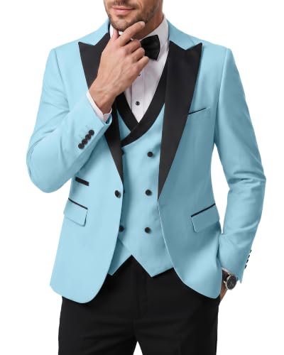 Men's 3 Piece Slim Fit Wedding Tuxedo Set, Peak Lapel One Button Suit Jacket, Double Breasted Vest Pants with Bow Tie, Sky Blue