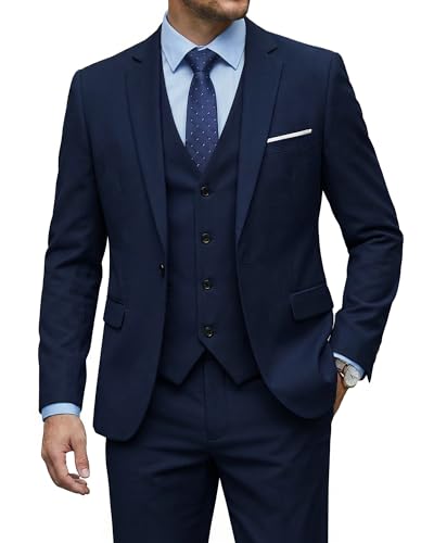 Men's 3 Piece Suit, One Button Slim Fit Solid Jacket Vest & Pants with Stretch Fabric, Suit for Party Prom Wedding Formal, Deep Blue (stretch fabric)