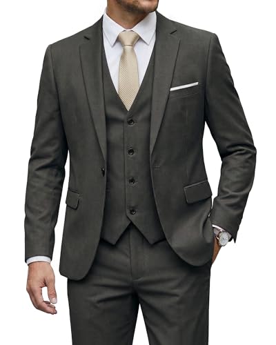 Men's 3 Piece Suit, One Button Slim Fit Solid Jacket Vest & Pants with Stretch Fabric, Suit for Party Prom Wedding Formal, Deep Grey (stretch fabric)
