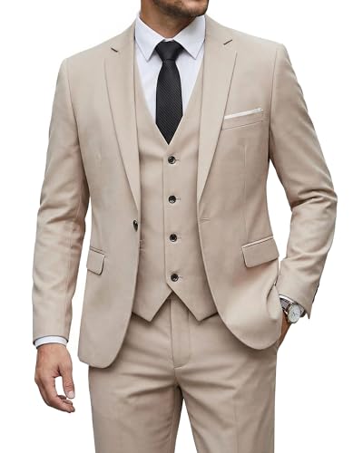 Men's 3 Piece Suit, One Button Slim Fit Solid Jacket Vest & Pants with Stretch Fabric, Suit for Party Prom Wedding Formal, Beige (stretch fabric)