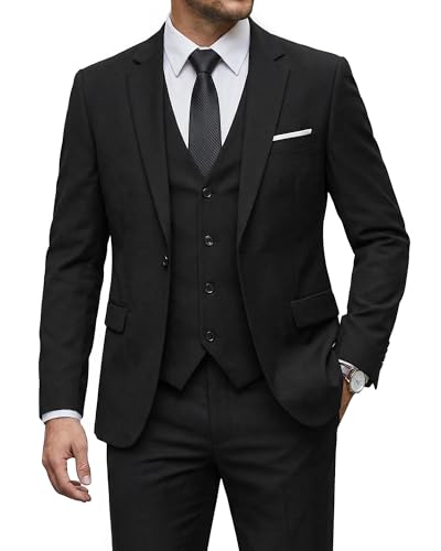 Men's 3 Piece Suit, One Button Slim Fit Solid Jacket Vest & Pants with Stretch Fabric, Suit for Party Prom Wedding Formal, Black (stretch fabric)