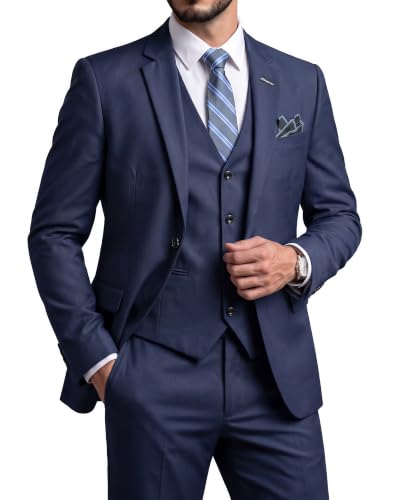 Men's 3 Piece Suit Set, Slim Fit Color Jacket Vest and Pants with Tie, Deep Blue (stretch fabric)