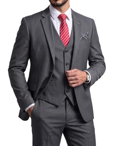 Men's 3 Piece Suit Set, Slim Fit Color Jacket Vest and Pants with Tie, Deep Grey (stretch fabric)