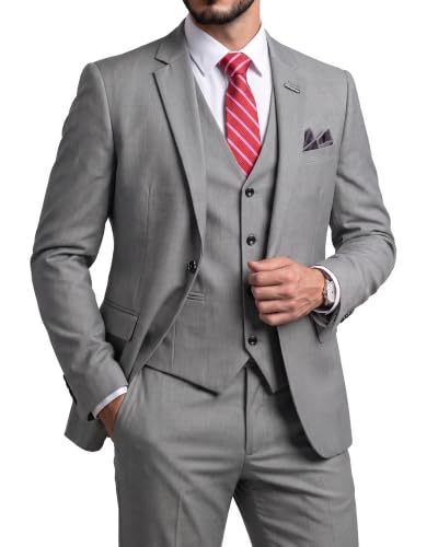 Men's 3 Piece Suit Set, Slim Fit Color Jacket Vest and Pants with Tie, Light Grey (stretch fabric)