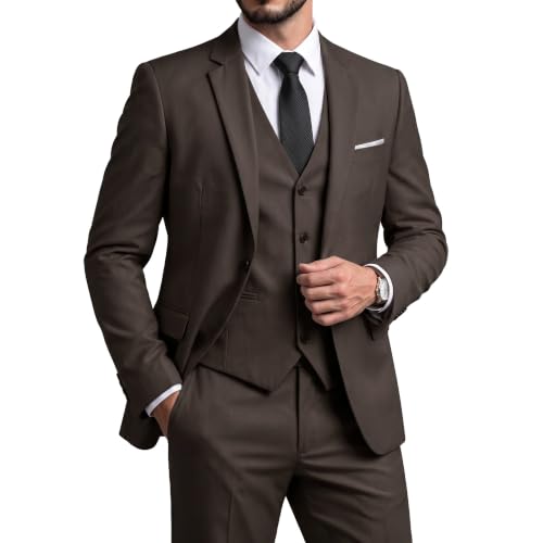 Men's 3 Piece Suit Set, Slim Fit Color Jacket Vest and Pants with Tie, Chocolate
