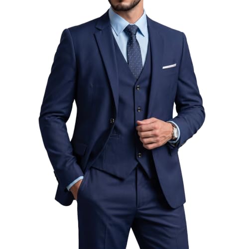 Men's 3 Piece Suit Set, Slim Fit Color Jacket Vest and Pants with Tie, Deep Blue