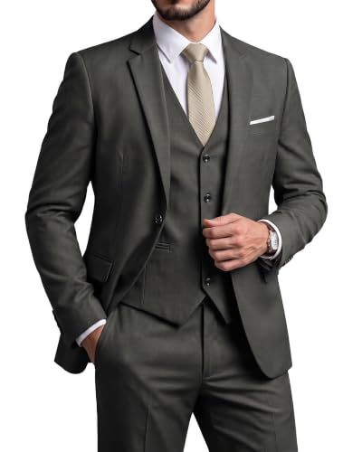 Men's 3 Piece Suit Set, Slim Fit Color Jacket Vest and Pants with Tie, Deep Grey