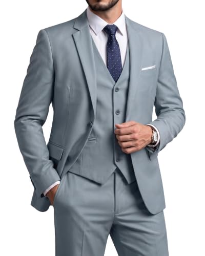 Men's 3 Piece Suit Set, Slim Fit Color Jacket Vest and Pants with Tie, Grey Blue