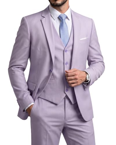 Men's 3 Piece Suit Set, Slim Fit Color Jacket Vest and Pants with Tie, Lavender