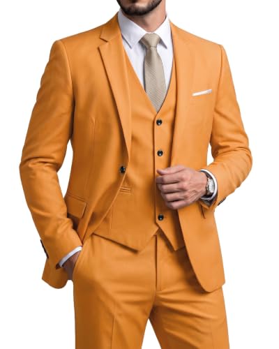 Men's 3 Piece Suit Set, Slim Fit Color Jacket Vest and Pants with Tie, Orange