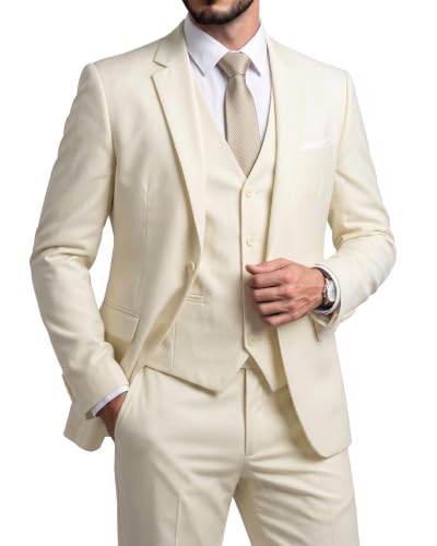 Men's 3 Piece Suit Set, Slim Fit Color Jacket Vest and Pants with Tie, Cream