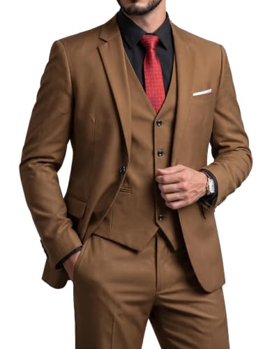 Men's 3 Piece Suit Set, Slim Fit Color Jacket Vest and Pants with Tie, Khaki