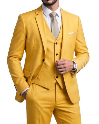 Men's 3 Piece Suit Set, Slim Fit Color Jacket Vest and Pants with Tie, Yellow
