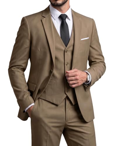 Men's 3 Piece Suit Set, Slim Fit Color Jacket Vest and Pants with Tie, Camel Brown
