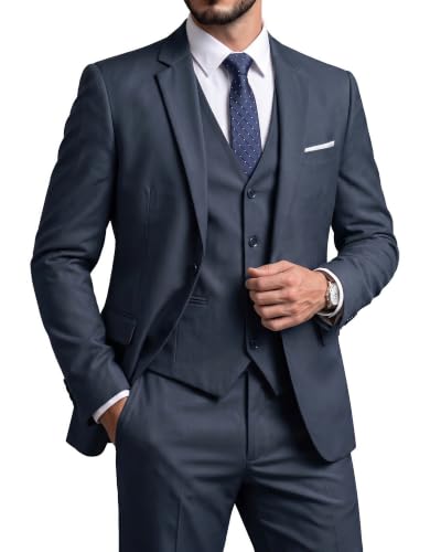 Men's 3 Piece Suit Set, Slim Fit Color Jacket Vest and Pants with Tie, Carbon Blue