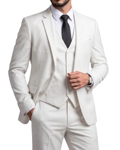 Men's 3 Piece Suit Set, Slim Fit Color Jacket Vest and Pants with Tie, Pure White