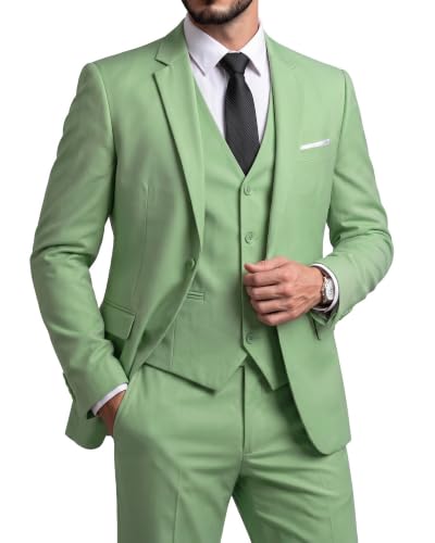 Men's 3 Piece Suit Set, Slim Fit Color Jacket Vest and Pants with Tie, Sage Green