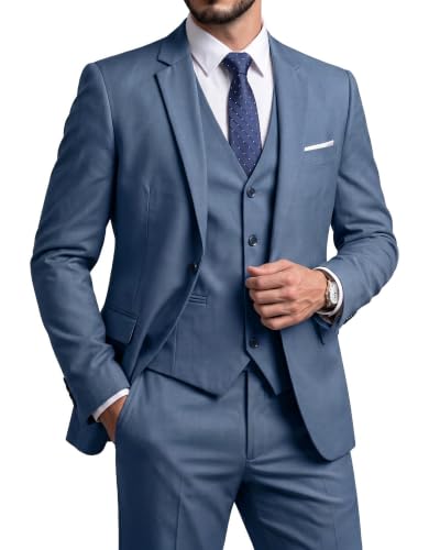 Men's 3 Piece Suit Set, Slim Fit Color Jacket Vest and Pants with Tie, Smoky Blue