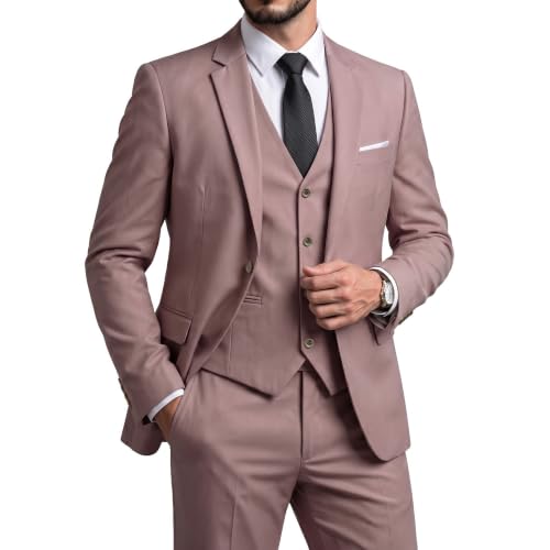 Men's 3 Piece Suit Set, Slim Fit Color Jacket Vest and Pants with Tie, Smoky Pink