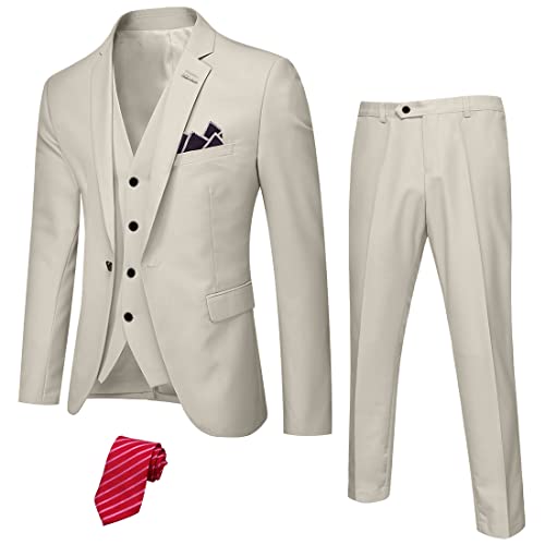 Men's 3 Piece Suit Set, Slim Fit Color Jacket Vest and Pants with Tie, Beige (stretch fabric)