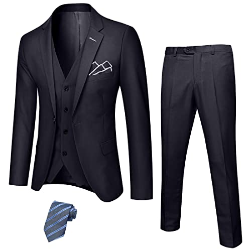 Men's 3 Piece Suit Set, Slim Fit Color Jacket Vest and Pants with Tie, Black (stretch fabric)