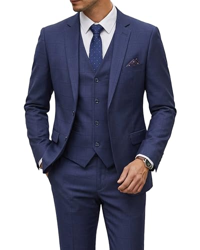 Men's 3 Piece Suit Set with Tie, 2 Button Slim Fit Solid Blazer Jacket Vest Pants, Business Wedding Party Suits for Men, Deep Blue - Black Plaid