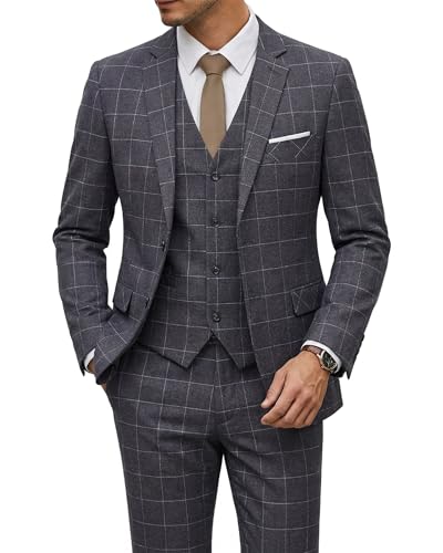 Men's 3 Piece Suit Set with Tie, 2 Button Slim Fit Solid Blazer Jacket Vest Pants, Business Wedding Party Suits for Men, Deep Grey - White Plaid