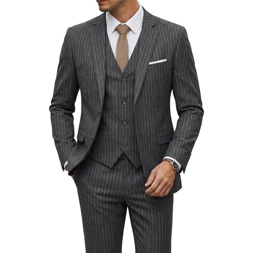 Men's 3 Piece Suit Set with Tie, 2 Button Slim Fit Solid Blazer Jacket Vest Pants, Business Wedding Party Suits for Men, Deep Grey- White Stripe