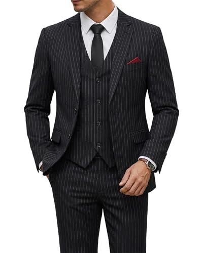 Men's 3 Piece Suit Set with Tie, 2 Button Slim Fit Solid Blazer Jacket Vest Pants, Business Wedding Party Suits for Men, Black - White Stripe