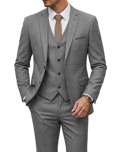 Men's 3 Piece Suit Set with Tie, 2 Button Slim Fit Solid Blazer Jacket Vest Pants, Business Wedding Party Suits for Men, Light Grey - Red Plaid