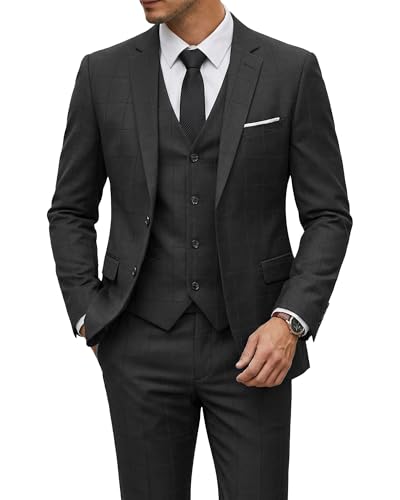 Men's 3 Piece Suit Set with Tie, 2 Button Slim Fit Solid Blazer Jacket Vest Pants, Business Wedding Party Suits for Men, Black - Black Plaid