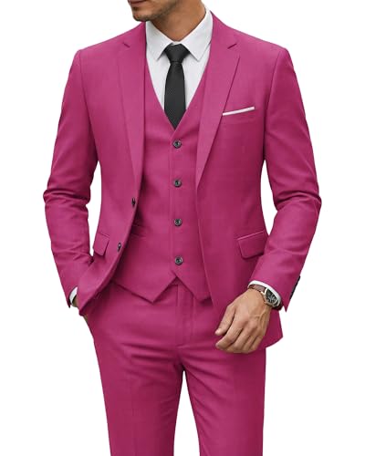 Men's 3 Piece Suit with Tie, Solid Color Slim Fit Jacket Vest and Pants, Fuchsia