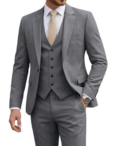 Men's 3 Piece Suit with Tie, One Button Solid Jacket Vest and Pants, Light Grey (529)