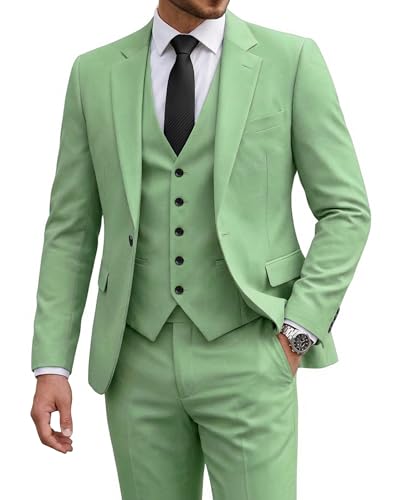 Men's 3 Piece Suit with Tie, One Button Solid Jacket Vest and Pants, Sage Green (529)