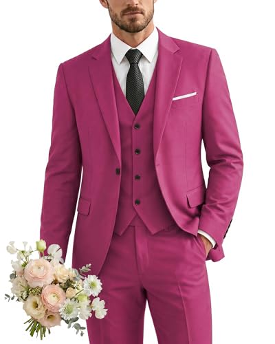 Men's 3 Piece Suit with Tie, One Button Solid Jacket Vest and Pants, Fuchsia