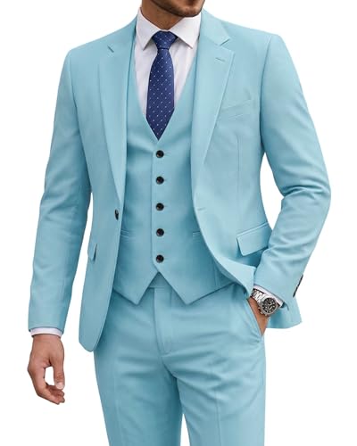 Men's 3 Piece Suit with Tie, One Button Solid Jacket Vest and Pants, Sky (529)