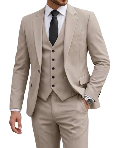 Men's 3 Piece Suit with Tie, One Button Solid Jacket Vest and Pants, Beige (529)