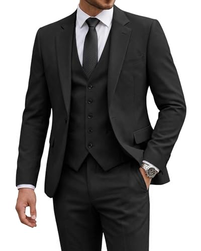 Men's 3 Piece Suit with Tie, One Button Solid Jacket Vest and Pants, Black (529)
