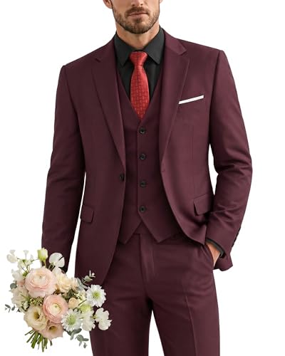 Men's 3 Piece Suit with Tie, One Button Solid Jacket Vest and Pants, Burgundy