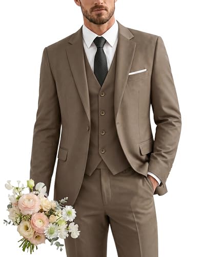 Men's 3 Piece Suit with Tie, One Button Solid Jacket Vest and Pants, Camel Brown