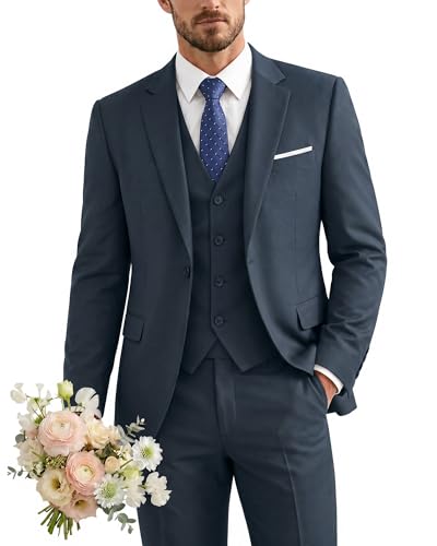 Men's 3 Piece Suit with Tie, One Button Solid Jacket Vest and Pants, Carbon Blue